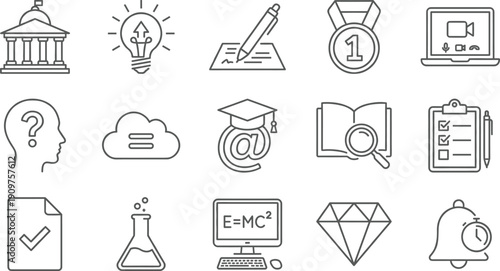 Linear vector icon set for academic research and educational success featuring university buildings graduation caps scientific formulas gold medals diamond rewards and online learning