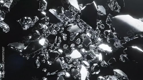 Shattered glass fragments on dark background, broken pieces