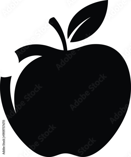 Black silhouette of a bitten apple with a stem and a single leaf on a white background