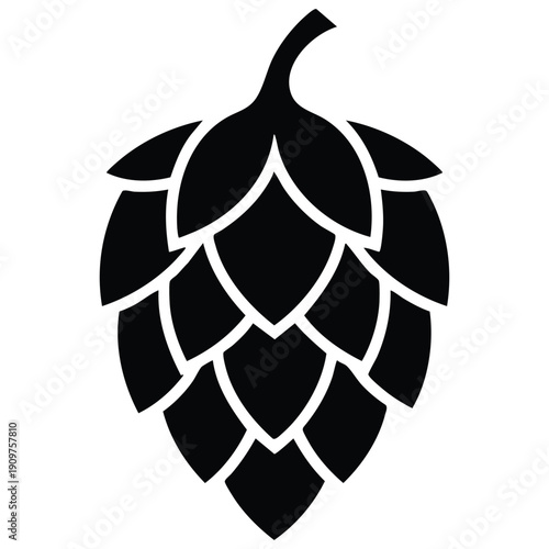Black silhouette of a hop cone with layered scales and a stem on a white background
