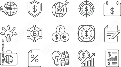 Linear vector icon set for global finance and investment featuring currency symbols bitcoin blockchain technology financial security target goals and strategic business growth visuals