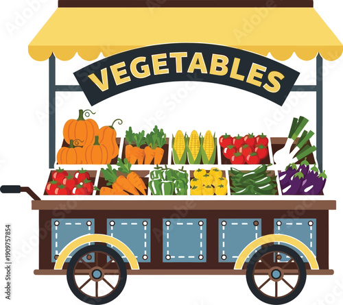 Wooden vegetable cart displays fresh pumpkins, carrots, corn, and tomatoes under a yellow awning labeled 'Vegetables'.