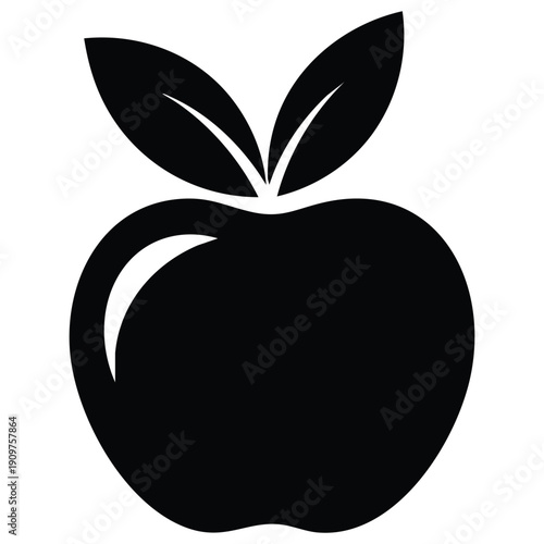 Black silhouette of a ripe apple with two leaves on a white background fruit symbol