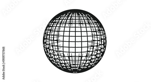 Wireframe 3D sphere grid structure geometric shape black lines on white background modern minimalist design element