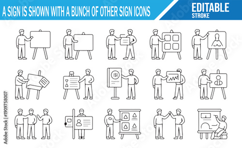 Presenter with easel and whiteboard icons, outline style.
