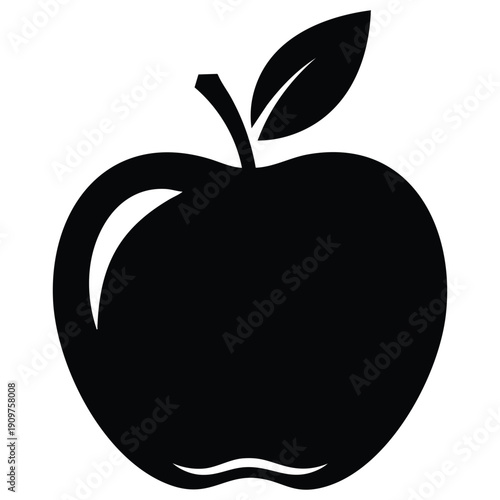 Black silhouette of an apple with a single leaf on a white background fruit symbol