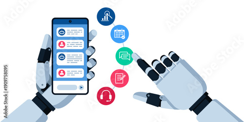 AI assistant and work automation: AI robot holding a smartphone and working