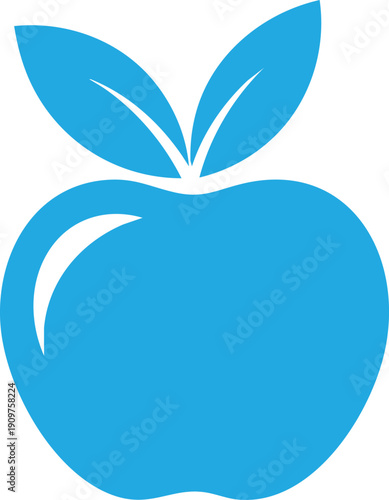 Bright blue silhouette of an apple with two leaves on a white background fruit food