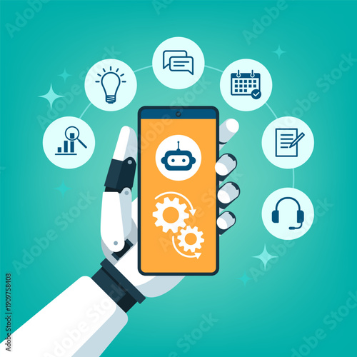 AI assistant and work automation: AI robot holding a smartphone and working