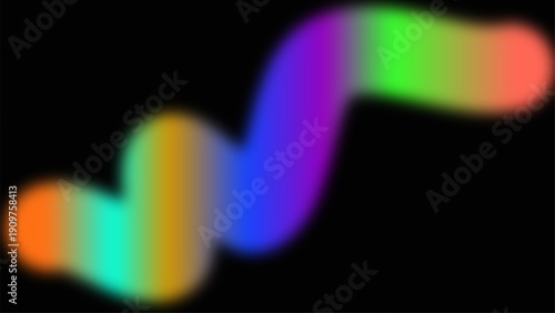 Soft blurred rainbow ribbon wave flowing across black background.