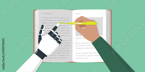 AI and education: robot helping a student and pointing at text