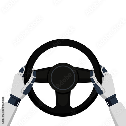 AI robot holding a steering wheel and driving a car