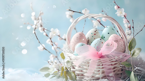 easter eggs in a basket, An Easter card in soft pastel colors featuring a wicker basket of Easter eggs dyed in muted shades of mint, baby blue, cream, and pink