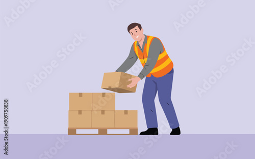 A cheerful male worker wearing an orange safety vest places cardboard boxes onto a wooden pallet