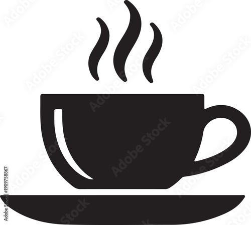 Simple black icon of a steaming coffee cup on a saucer