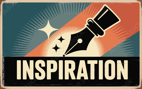 A classic fountain pen with a shining nib points downwards against a starburst and colorful retro design