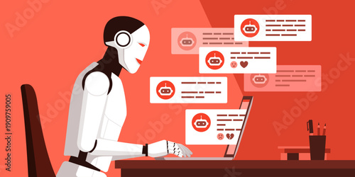 Humanoid AI robot chatting with other users on social media