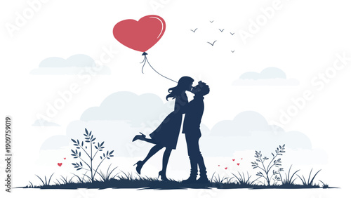 Loving couple kissing under heart shaped balloon in romantic garden scene with silhouette