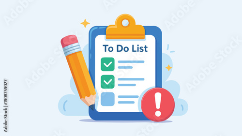 A colorful illustration shows a to do list on a clipboard with checkmarks, a pencil, and an alert symbol