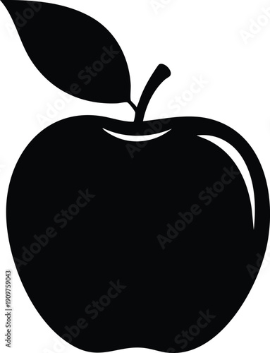 Simple black silhouette of a ripe apple with a single leaf and stem on a white background
