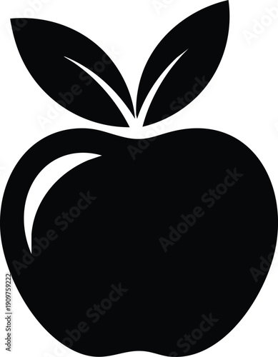 Simple black silhouette of an apple with two leaves on a white background fruit food
