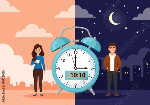 Day and night illustration with a clock and cityscape