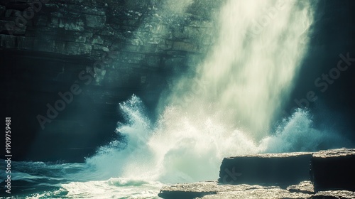 Powerful ocean waves crashing against rocky shore creating dramatic spray and mist