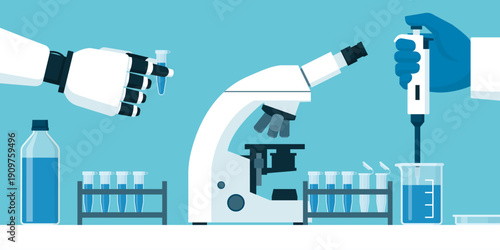 Researcher and AI robot working together in a laboratory
