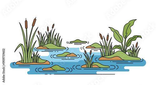 Flat line illustration of a pond with cattails, lily pads, and green islands, depicting a peaceful natural water scene.