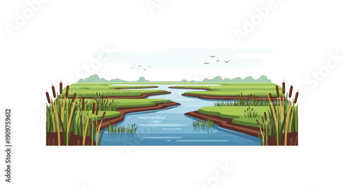Cartoon illustration of a tranquil wetland landscape with a winding river, green grass, and tall reeds under a clear sky.