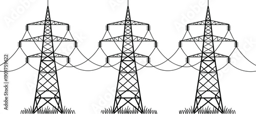 High voltage power transmission towers vector illustration, electric pylons with cables black and white industrial energy design