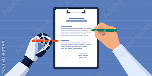 AI robot and human working on a document together