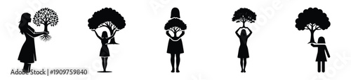 National Arbor Day woman holding tree vector icon set. Arbor Day creative concept and Simple illustration, icon design solid black color with white background.