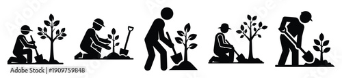 National Arbor Day volunteer planting tree vector icon set. Arbor Day creative concept and Simple illustration, icon design solid black color with white background.