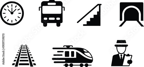 Railway transport icon set vector, train station symbols including clock, bus, tunnel, tracks, conductor silhouette design