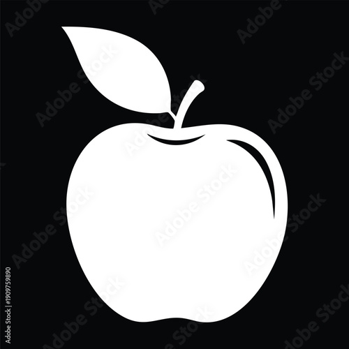 White apple silhouette with one leaf on a black background within a square frame