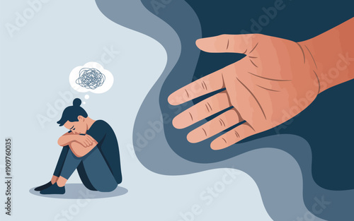 A deeply distressed woman with jumbled thoughts is offered a supportive hand for mental well being