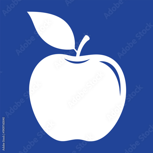 White apple silhouette with one leaf on a deep blue background within a square frame