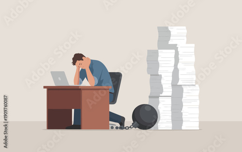 A deeply stressed man sits at his desk, chained to an overwhelming pile of paperwork