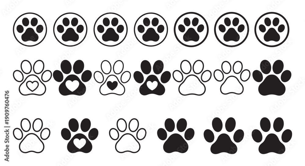 Fototapeta premium Paw Print Icon Set – Dog and Cat Footprint Symbols in Solid and Outline Style. vector illustration eps 10