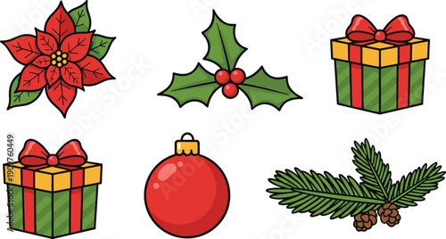 Christmas Holiday Vector Illustration Set with Poinsettia Flower Holly Berries Green Gift Boxes Red Ornament and Pine Branch
