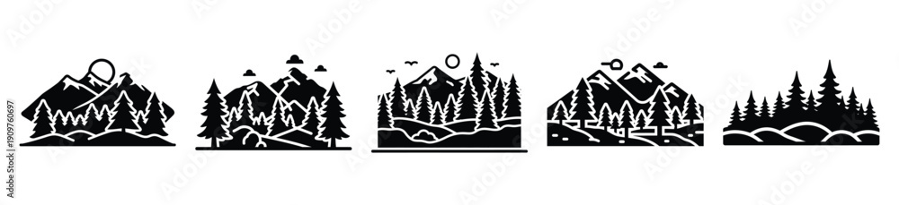 Obraz premium National Arbor Day forest landscape vector icon set. Arbor Day creative concept and Simple illustration, icon design solid black color with white background.