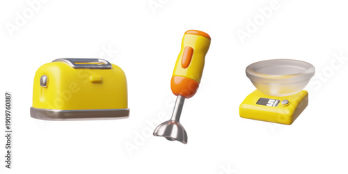 3D kitchen appliance set, including a toaster, immersion blender, and a scale with a bowl, yellow.