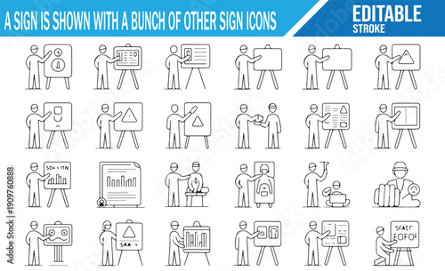 Set of person presenting different sign icons, outline vector.