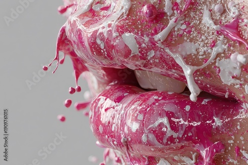 Abstract Close Up of Glossy Pink Lips Covered in White and Magenta Liquid Paint Splash Generative AI