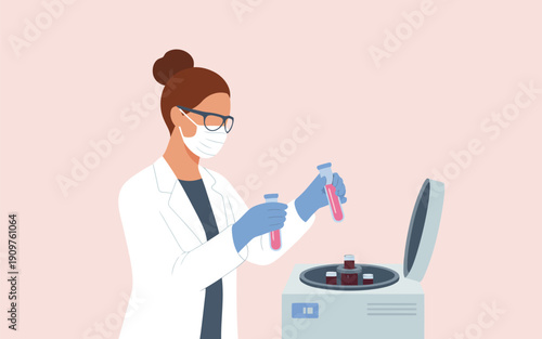 A female medical researcher prepares test tubes for processing in a laboratory centrifuge for study