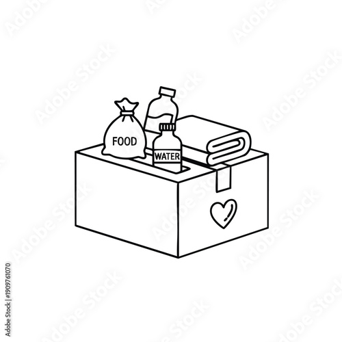 Relief box open, containing food, water, and blankets, on a plain background, viewed from the front.