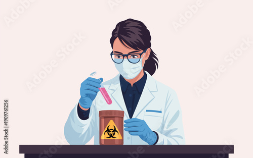 A female scientist carefully handles a test tube with pink liquid near a biohazard waste container