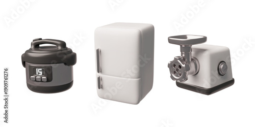 Fridge, multicooker and meat grinder 3D plastic style vector icons set, kitchen electric appliance, cooking devices