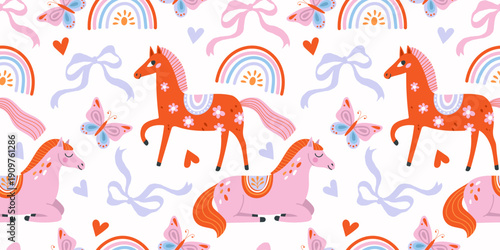 Seamless pattern with cute horses, rainbows, bows and butterflies. Colorful playful vector illustration for nursery design, fabric, wrapping paper and children backgrounds.